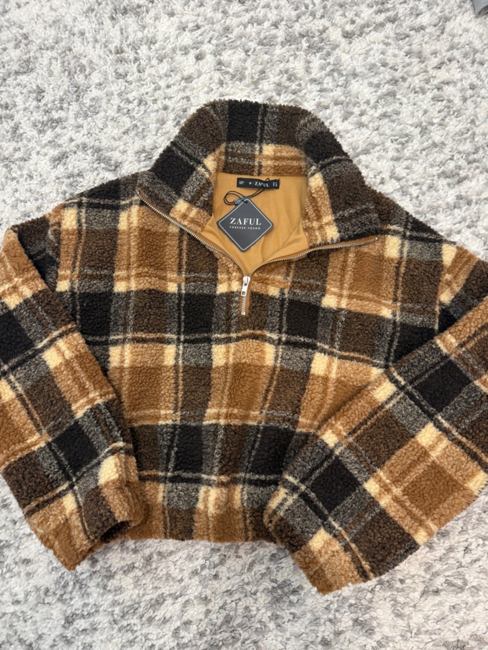 Zaful Plaid Sherpa Quarter-Zip Pullover in Brown, Black, Tan